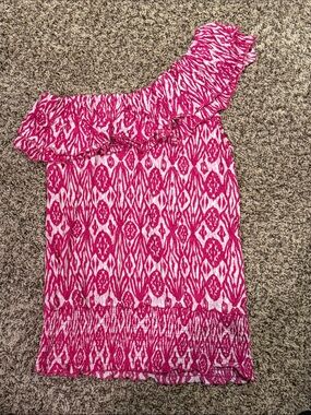 No Boundaries Pink and White Ruffle-One-Shoulder Top